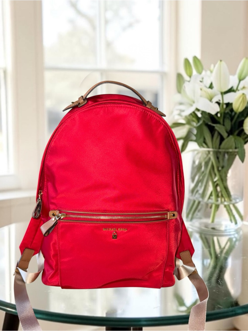 Michael Kors Kelsey Large Nylon Backpack – Bright Red & Gold EUC